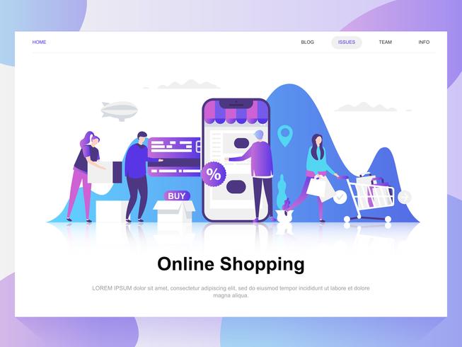 Compras en línea moderno concepto de diseño plano. Plantilla de página de aterrizaje. Conceptos de ilustración de vector plano moderno para página web, sitio web y sitio web móvil. Fácil de editar y personalizar.