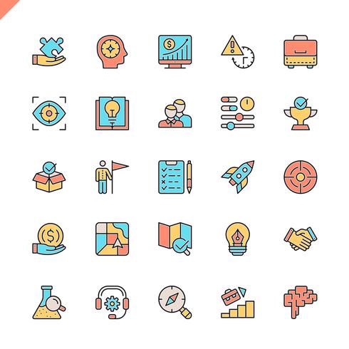 Iconos de elementos de proyecto y desarrollo de inicio de línea plana establecidos para sitio web y sitio móvil y aplicaciones. Esquema de los iconos de diseño. 48x48 Pixel Perfect. Pack de pictogramas lineales. Ilustracion vectorial vector