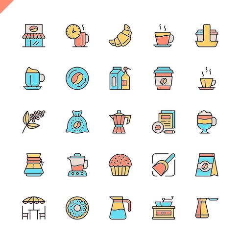 Línea plana de café, cafetería, iconos de elementos de cafetería establecidos para el sitio web y el sitio móvil y aplicaciones. Esquema de los iconos de diseño. 48x48 Pixel Perfect. Pack de pictogramas lineales. Ilustracion vectorial vector