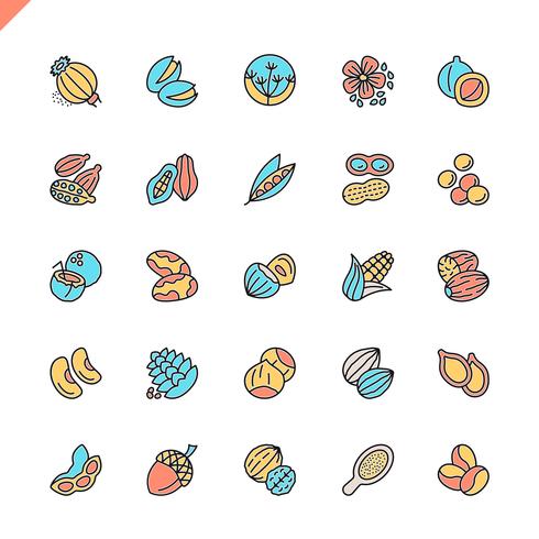 Flat line nuts, seeds and beans elements icon set vector