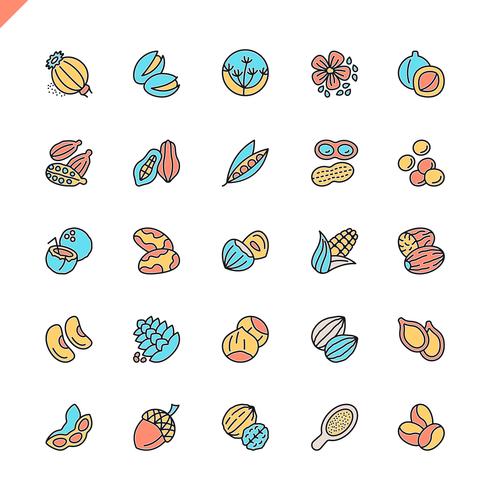 Iconos de elementos de línea plana de nueces, semillas y frijoles establecidos para sitio web, sitio móvil y aplicaciones. Esquema de los iconos de diseño. 48x48 Pixel Perfect. Pack de pictogramas lineales. Ilustracion vectorial vector