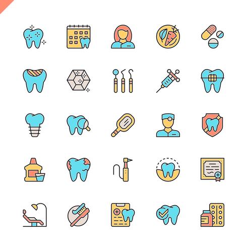 Iconos dentales de línea plana establecidos para sitio web y sitio móvil y aplicaciones. Esquema de los iconos de diseño. 48x48 Pixel Perfect. Pack de pictogramas lineales. Ilustracion vectorial vector