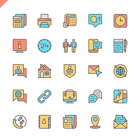 Línea plana contáctenos iconos establecidos para sitio web y sitio móvil y aplicaciones. Esquema de los iconos de diseño. 48x48 Pixel Perfect. Pack de pictogramas lineales. Ilustracion vectorial vector