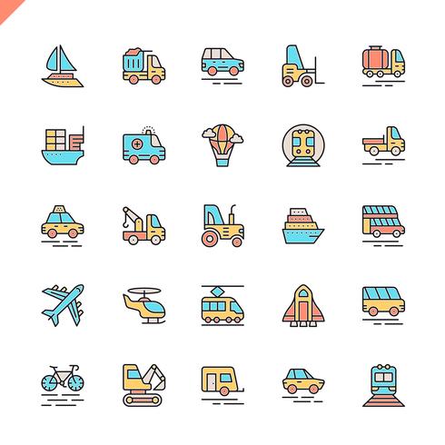 Iconos de transporte de línea plana, vehículos y elementos de entrega establecidos para sitio web, sitio móvil y aplicaciones. Esquema de los iconos de diseño. 48x48 Pixel Perfect. Pack de pictogramas lineales. Ilustracion vectorial vector