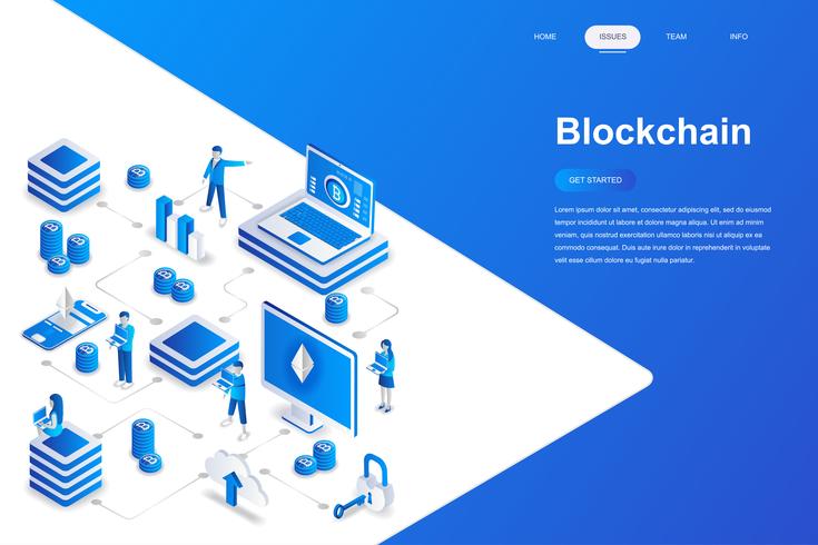 Concepto isométrico moderno diseño plano blockchain. Criptomoneda y concepto de personas. Plantilla de página de aterrizaje. Ilustración vectorial isométrica conceptual para web y diseño gráfico. vector