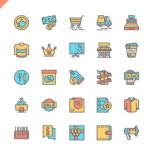 Los centros comerciales de línea plana, los iconos de venta al por menor establecidos para el sitio web y el sitio móvil y las aplicaciones. Esquema de los iconos de diseño. 48x48 Pixel Perfect. Pack de pictogramas lineales. Ilustracion vectorial vector