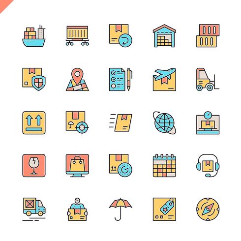 Logística de línea plana, entrega, iconos de transporte establecidos para el sitio web, el sitio móvil y las aplicaciones. Esquema de los iconos de diseño. 48x48 Pixel Perfect. Pack de pictogramas lineales. Ilustracion vectorial vector