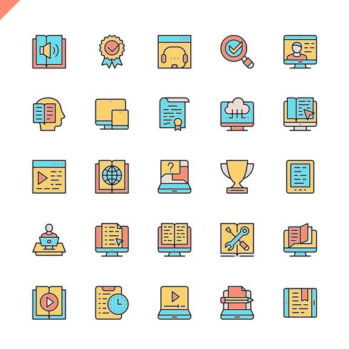 Línea plana e-learning, iconos de elementos de educación en línea establecidos para el sitio web y el sitio móvil y aplicaciones. Esquema de los iconos de diseño. 48x48 Pixel Perfect. Pack de pictogramas lineales. Ilustracion vectorial vector