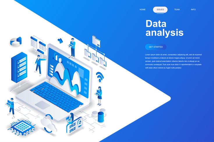 Concepto isométrico moderno del diseño plano del análisis de datos. Analítica y concepto de personas. Plantilla de página de aterrizaje. Ilustración vectorial isométrica conceptual para web y diseño gráfico. vector