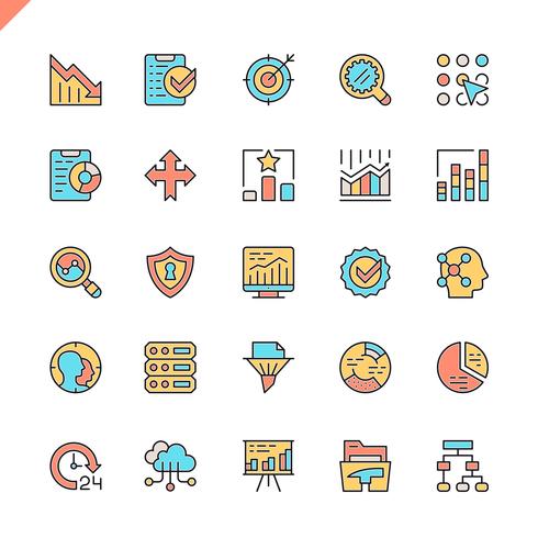 Análisis de datos de línea plana, estadísticas, iconos de análisis establecidos para el sitio web, el sitio móvil y las aplicaciones. Esquema de los iconos de diseño. 48x48 Pixel Perfect. Pack de pictogramas lineales. Ilustracion vectorial vector