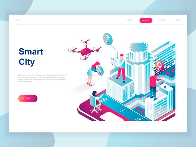 Concepto isométrico moderno diseño plano de Smart City para banner y sitio web. Plantilla de página de aterrizaje isométrica. Centro de negocios con rascacielos, calles de la ciudad conectadas carreteras. Ilustracion vectorial vector