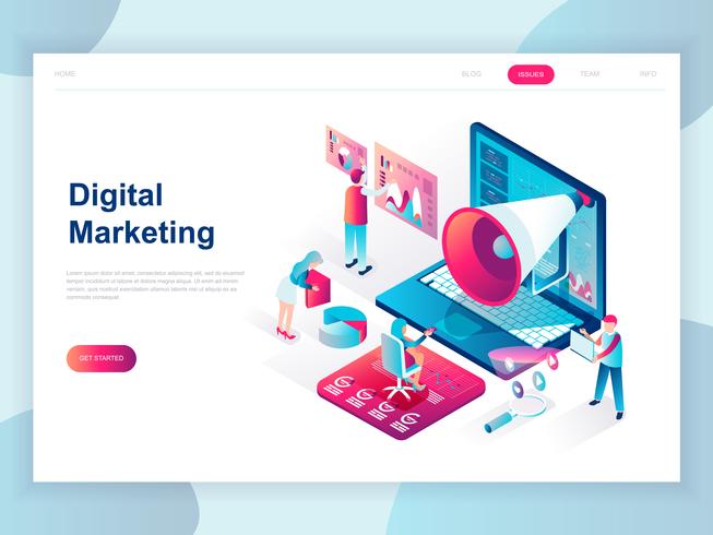 Concepto isométrico de diseño plano moderno de marketing digital para banner y sitio web. Plantilla de página de aterrizaje isométrica. Análisis de negocios, estrategia de contenidos y gestión. Ilustracion vectorial vector