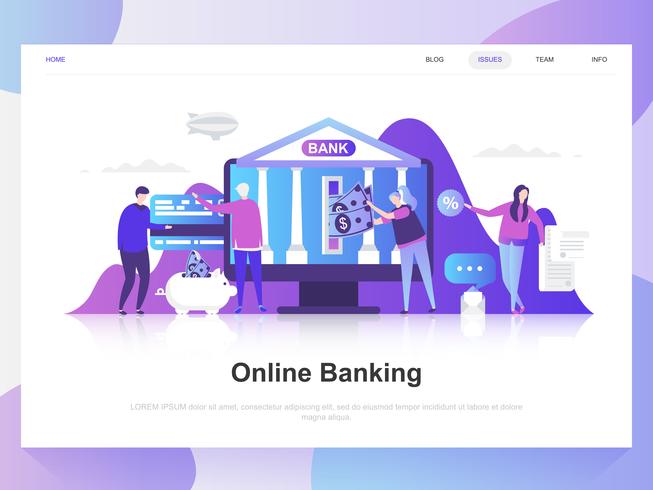 Banca en línea moderno concepto de diseño plano. Plantilla de página de aterrizaje. Conceptos de ilustración de vector plano moderno para página web, sitio web y sitio web móvil. Fácil de editar y personalizar.