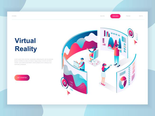 Concepto isométrico de diseño plano moderno de Realidad Aumentada Virtual para banner y sitio web. Plantilla de página de aterrizaje isométrica. Las personas que llevan auriculares con tocar la interfaz vr. Ilustracion vectorial vector