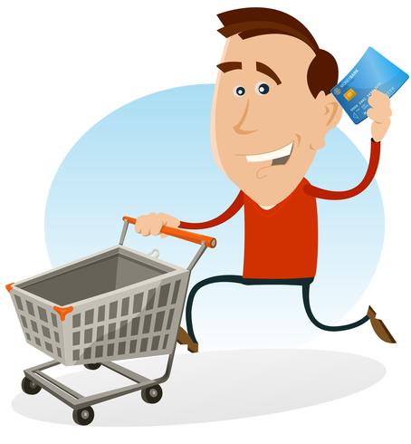 Hombre feliz de compras con tarjeta de crédito vector