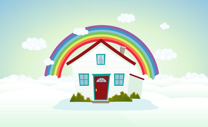 Casa En Las Nubes Con Arco Iris vector