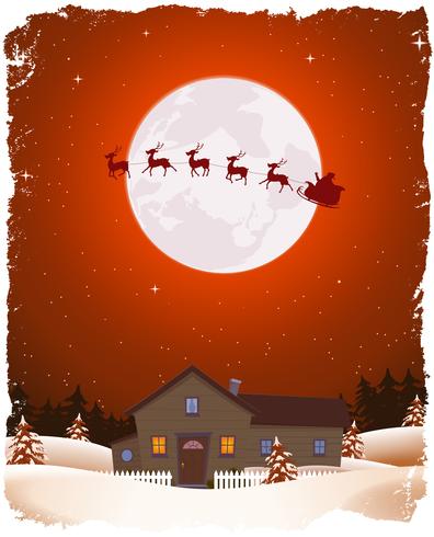 Christmas Red Landscape And Flying Santa vector