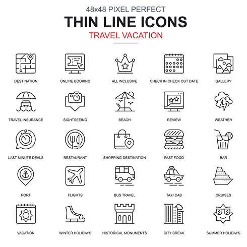 Thin line viajes y turismo para conjunto de iconos de agencias de viajes vector