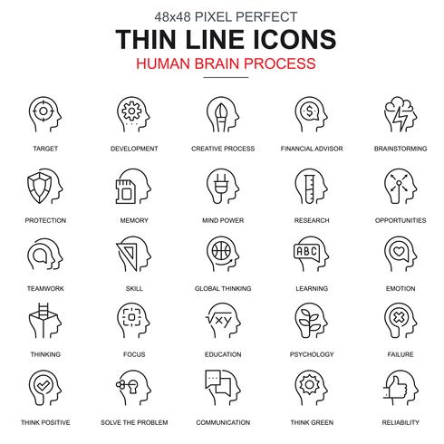 Proceso del cerebro humano de línea delgada, conjunto de iconos de características vector