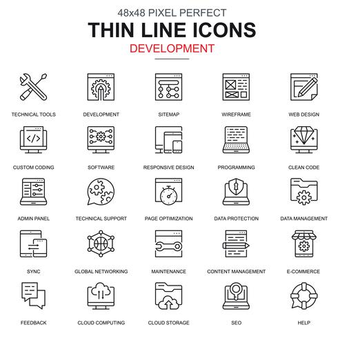 Conjunto de iconos de diseño y desarrollo web de línea delgada vector