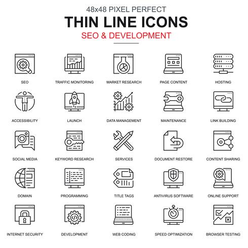 Thin line SEO and development icons set vector