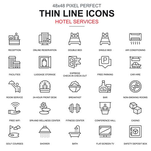 Thin line hotel services and facilities, online booking icons set vector