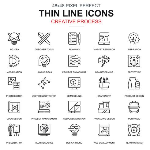 Thin line creative process and project workflow icons set vector