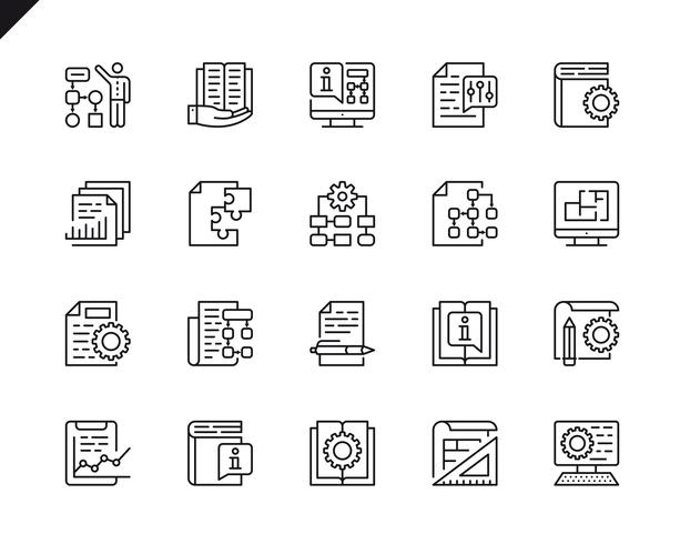 Conjunto simple de documentación técnica relacionada con iconos de líneas vectoriales vector