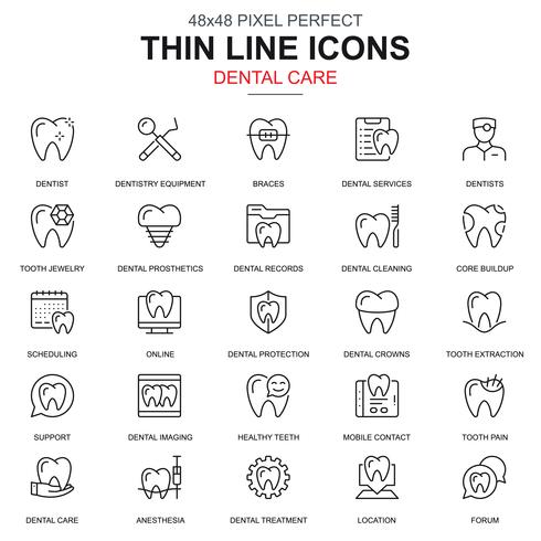 Línea fina cuidado dental, conjunto de iconos de equipos de odontología vector