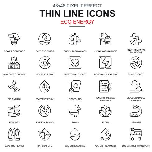 Thin line environment, renewable energy icons set vector