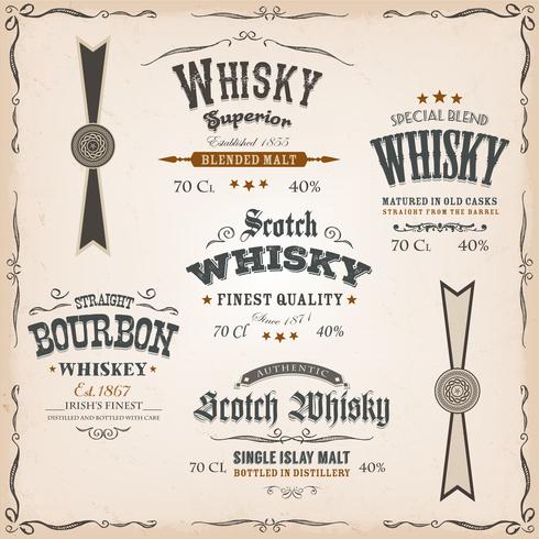 Whisky Labels And Seals On Vintage Background vector