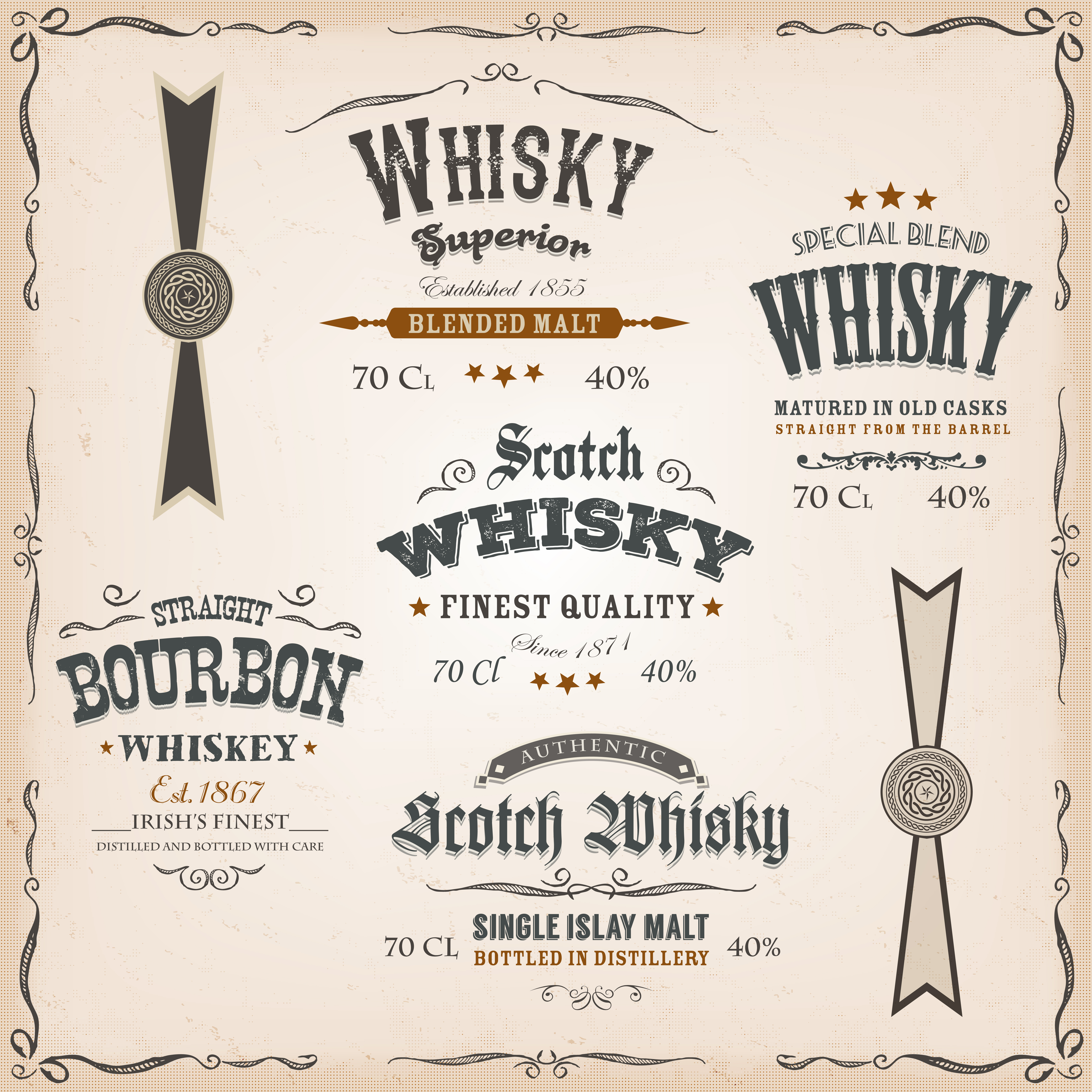 Whisky Labels And Seals On Vintage Background 264995 Vector Art at Vecteezy