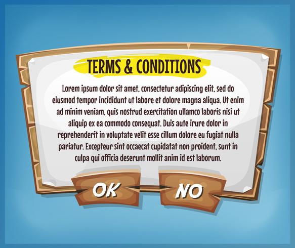 Panel de acuerdo de términos y condiciones de madera para juego de Ui vector