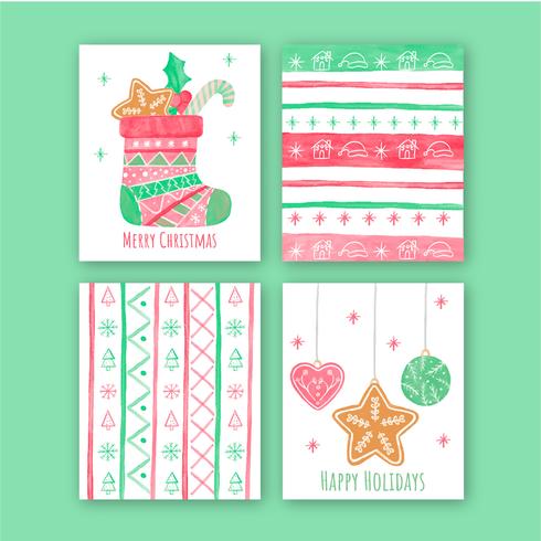 Colección linda de las tarjetas de Navidad con el calcetín, las bolas y los patrones. vector