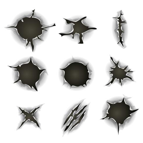 Bullet, Gunshot Holes, Cracks And Scratches Set vector