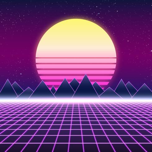 Diseño retro de Synthwave, montañas y sol, ilustración. vector