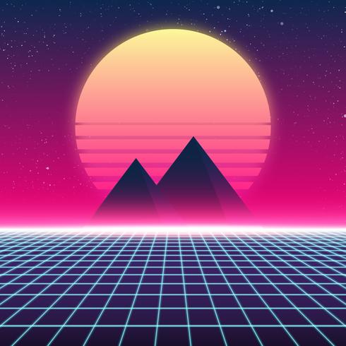 Diseño retro de Synthwave, pirámides y sol, ilustración. vector