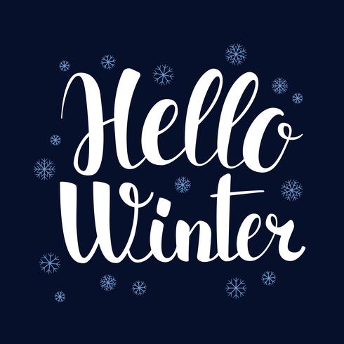 Hola invierno, diseño de banner de temporada de caligrafía, ilustración vector