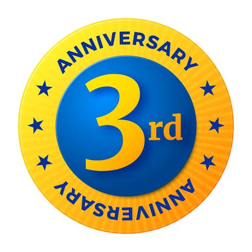 Third Anniversary badge, gold celebration label vector