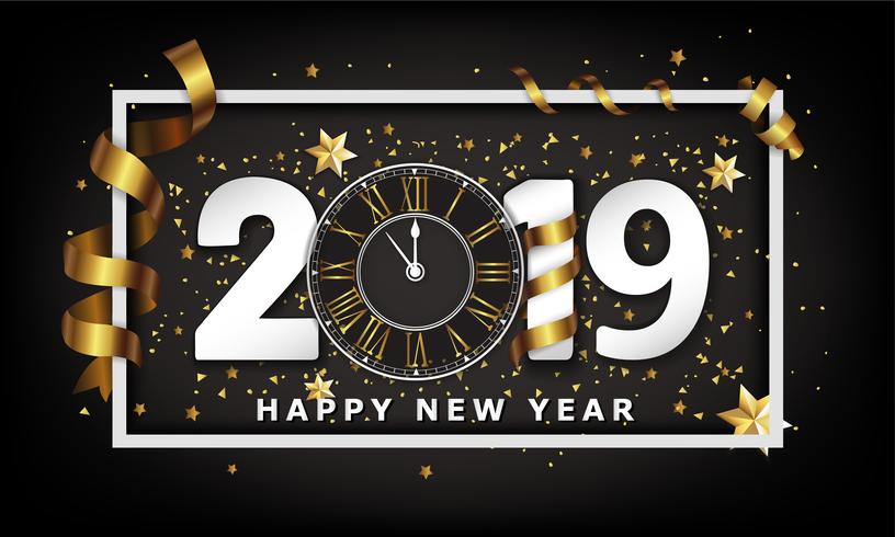 Fondo creativo tipográfico de año nuevo 2019 con reloj vector