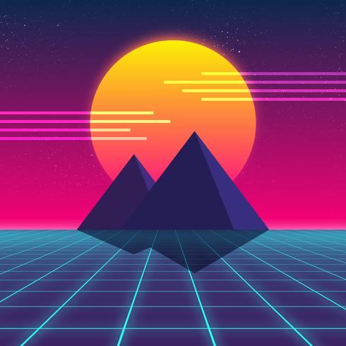 Diseño retro de Synthwave, pirámides y sol, ilustración. vector