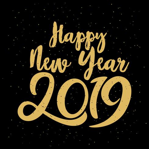 Feliz año nuevo tipográfico 2019. Ilustración vectorial con composición de letras y explosión. Etiqueta festiva vintage de vacaciones vector