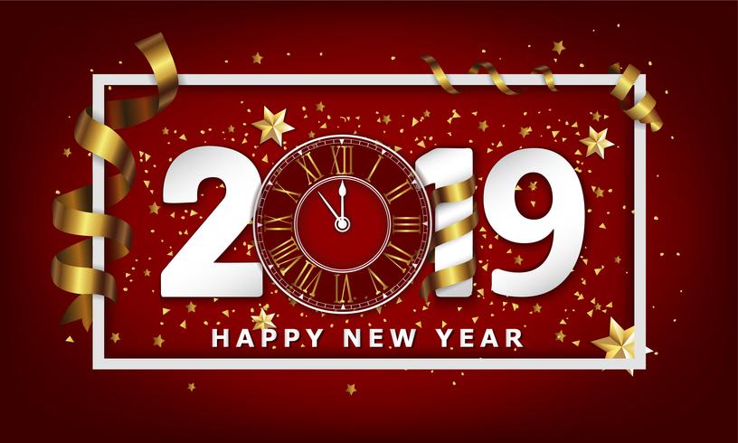 New Year Typographical Creative Background 2019 With Clock vector