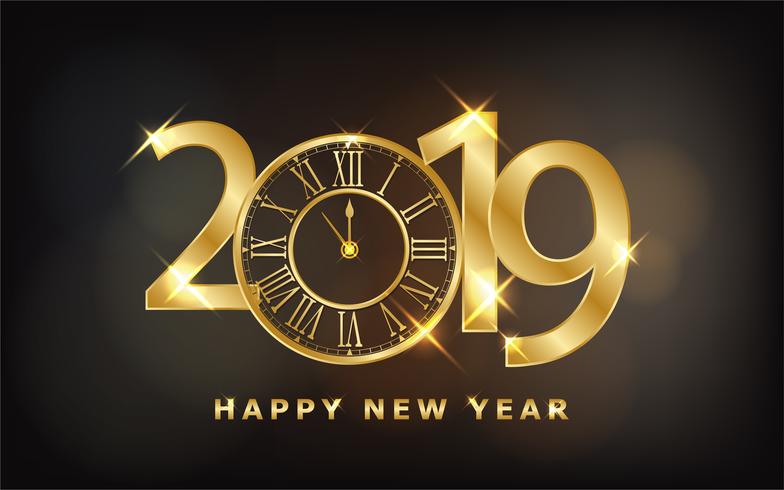 Feliz año nuevo 2019 - Fondo brillante con reloj dorado y purpurina vector