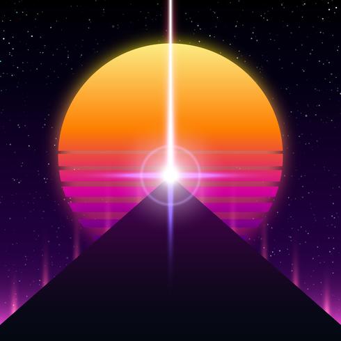 Synthwave retro design, Pyramid, ray and sun, illustration vector