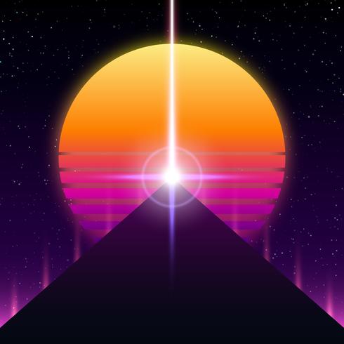 Diseño retro de Synthwave, pirámide, rayo y sol, ilustración vector