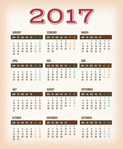 Calendario de diseño vintage para el año 2017 vector