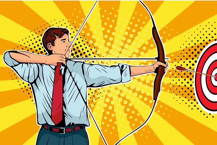 Businessman with bow, arrow and target pop art vector