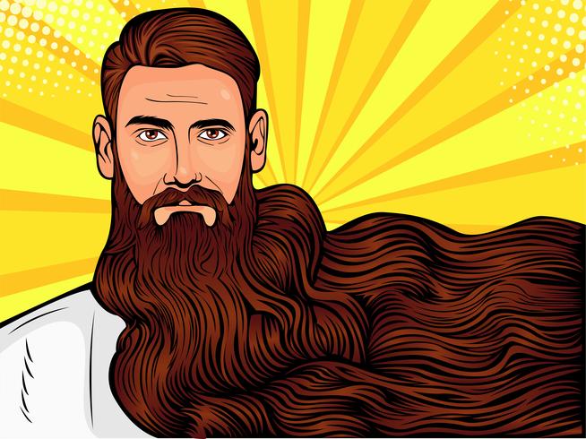 Vector la ilustración del arte pop de un hombre barbudo brutal, macho con una barba muy larga sobre toda la imagen