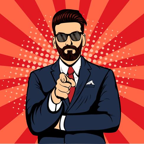 Bearded hipster businessman pointing finger pop art retro vector. Index finger. Promo people vector